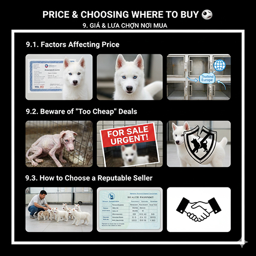 Bộ ảnh về giá Husky gồm chó trắng, giấy tờ, cảnh báo giá rẻ và chọn nơi bán uy tín