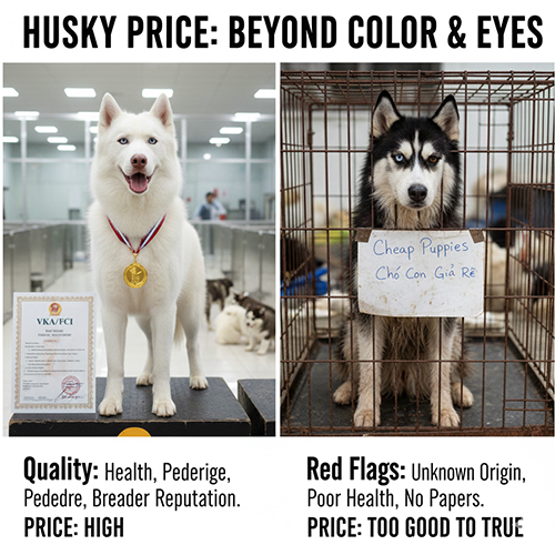 Giá chó Husky phụ thuộc chất lượng, giấy tờ và nguồn gốc hơn là màu lông hay màu mắt