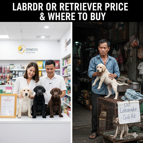 Ảnh so sánh mua chó Labrador tại trại uy tín và mua chó giá rẻ ngoài chợ