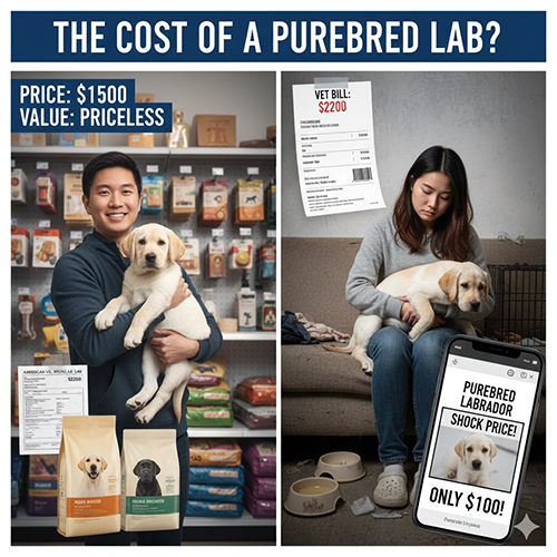 Ảnh minh họa hai bối cảnh trái ngược: người mua Lab thuần chủng khỏe mạnh và trường hợp mua chó giá rẻ dẫn đến chi phí thú y cao.