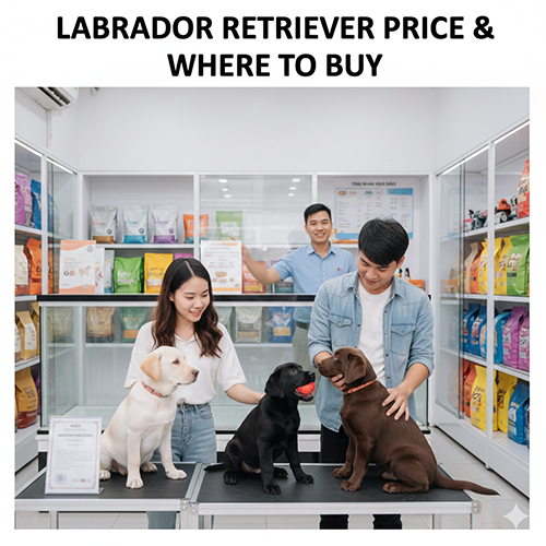 Ảnh ba chú chó Labrador con màu vàng, đen và socola tại cửa hàng thú cưng