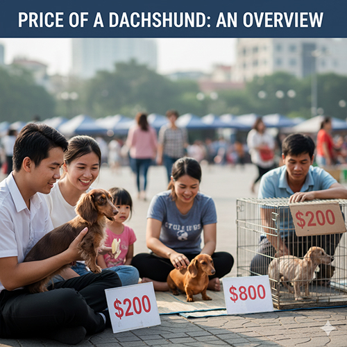 Người bán và người mua đang xem chó Lạp Xưởng con tại khu chợ thú cưng, minh họa mức giá khác nhau