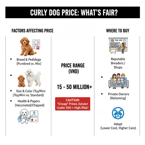 Biểu đồ minh họa giá chó lông xoăn và các yếu tố ảnh hưởng đến mức giá