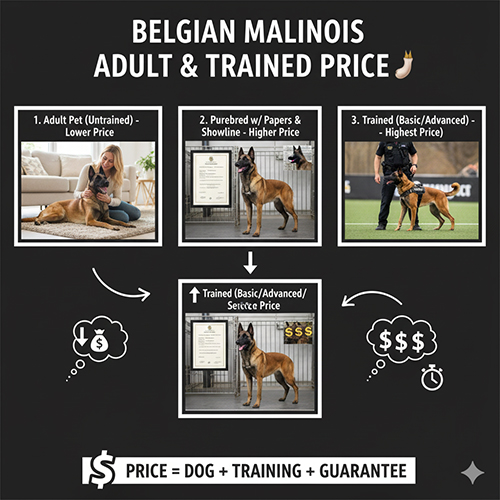 Ảnh minh họa giá chó Malinois trưởng thành: pet chưa huấn luyện, thuần có giấy và Malinois đã huấn luyện cơ bản – nâng cao