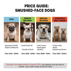 Giá chó mặt xệ mặt nhăn gồm Pug Bull Pháp Bulldog Anh và các giống bulldog phổ biến