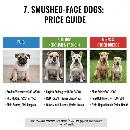 Bảng giá tham khảo các giống chó mặt xệ như Pug Bulldog và chó lai tại Việt Nam