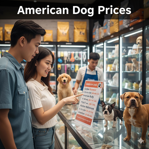 Giá chó Mỹ tại Việt Nam – hình ảnh cặp đôi trẻ xem bảng giá các giống chó Mỹ như Golden Retriever, Bully, Pitbull, Boston Terrier trong cửa hàng thú cưng.