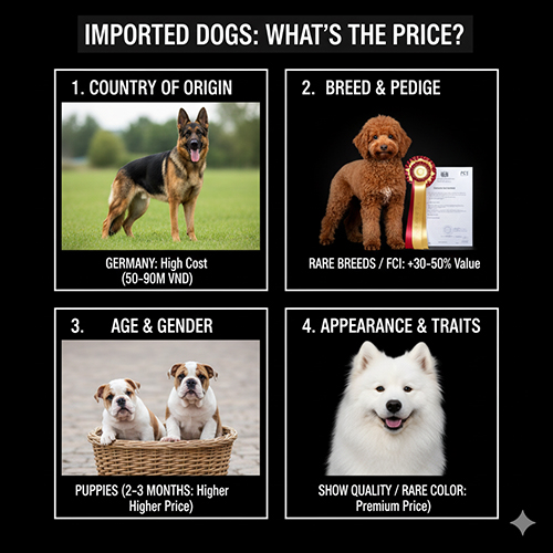 Chó nhập khẩu giá bao nhiêu – bảng minh họa các yếu tố ảnh hưởng như quốc gia xuất xứ, giống chó, phả hệ, tuổi và ngoại hình