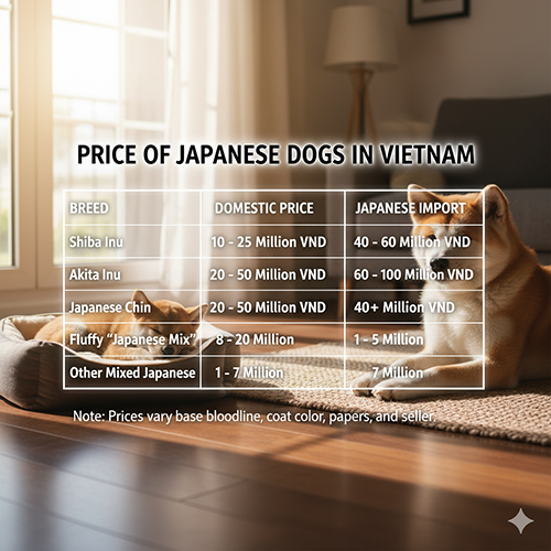 Bảng giá các giống chó Nhật Bản phổ biến như Shiba Inu, Akita Inu và Japanese Chin tại Việt Nam, chụp cùng chú chó nằm thư giãn trong phòng sáng