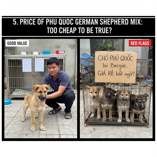 Hai khung ảnh so sánh: một bé Phú Quốc lai Becgie được chăm tốt và một lồng nhiều chó con gắn biển “giá rẻ bất ngờ”