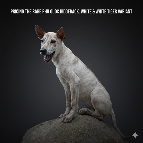 Chó Phú Quốc trắng bạch hổ ngồi trên tảng đá, thân hình gọn gàng, lông sáng màu hiếm