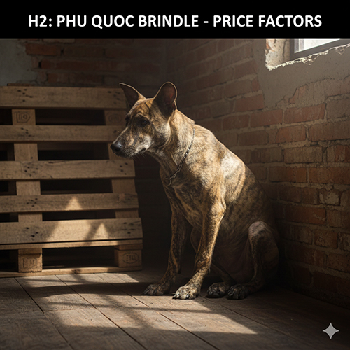 Chó Phú Quốc vện cọp ngồi trong không gian ánh sáng xiên, hoa văn vện đậm nổi bật trên nền lông nâu vàng.