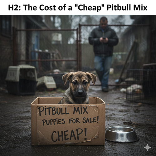 Chó Pitbull lai con ngồi trong thùng carton với biển rao bán giá rẻ, phía sau là khu nuôi nhốt tồi tàn