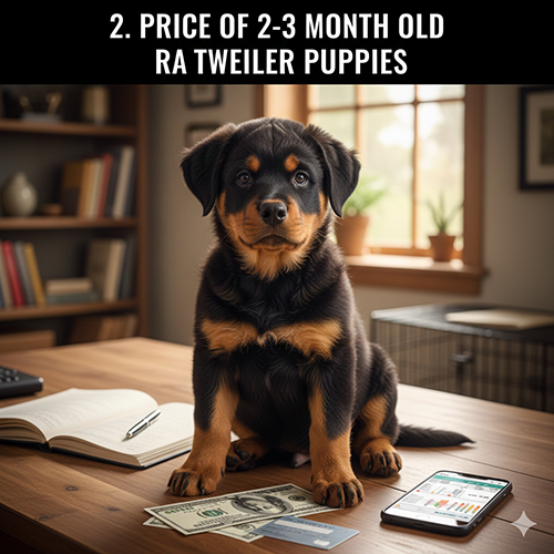 Chó Rottweiler con 2–3 tháng tuổi ngồi trên bàn làm việc, minh họa vấn đề giá bán