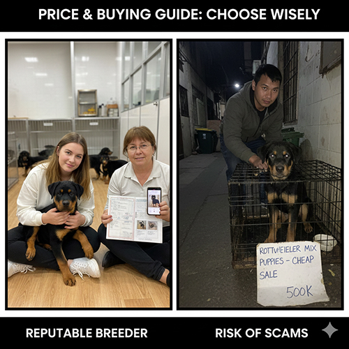 So sánh mua chó Rottweiler lai Becgie từ trại uy tín và nguồn rao bán giá rẻ đầy rủi ro.