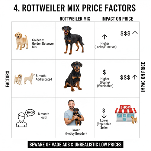 Minh họa các yếu tố ảnh hưởng đến giá chó Rottweiler lai theo kiểu lai, độ tuổi và nguồn bán