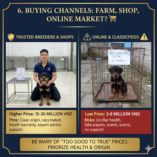 Giá chó Rottweiler theo kênh mua: trại, shop uy tín và rao vặt online