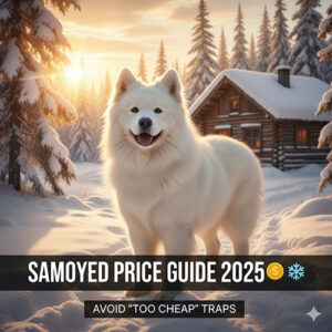Chó Samoyed trắng đứng giữa rừng tuyết trước căn nhà gỗ – minh họa bài viết giá chó Samoyed và cách tránh bẫy “giá rẻ bất thường”