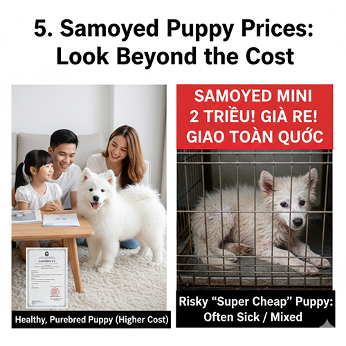 So sánh Samoyed con thuần khỏe mạnh với Samoyed giá rẻ đầy rủi ro để cảnh báo người mua