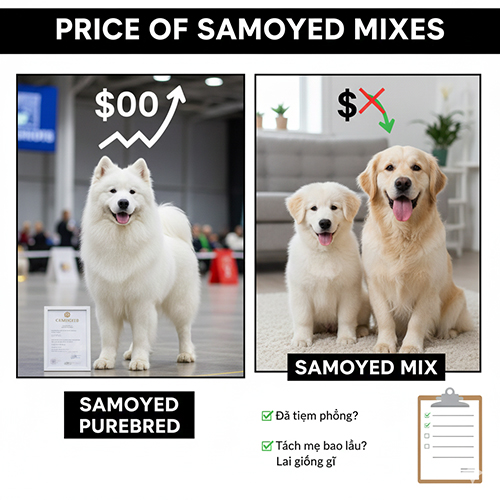 So sánh giá Samoyed thuần và Samoyed lai kèm lưu ý về tiêm phòng, tách mẹ và nguồn gốc lai