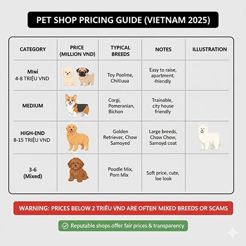 Bảng giá chó cảnh tại shop theo từng phân khúc giống và mức giá phổ biến