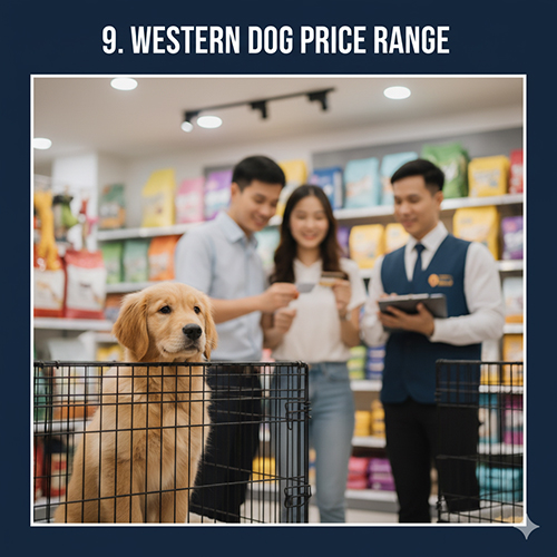 Chó Tây giá bao nhiêu – Hình ảnh chú chó Golden Retriever trong lồng tại cửa hàng thú cưng, phía sau là nhân viên tư vấn giá cho cặp đôi khách hàng.