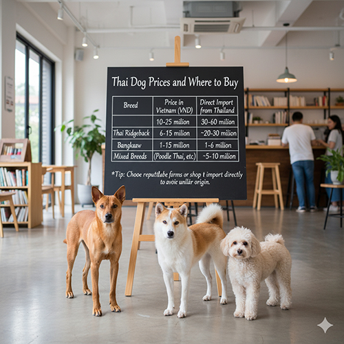 Ba chú chó Thái Lan đứng trong quán cà phê cạnh bảng giá ghi thông tin giá chó Thái Ridgeback, Bangkaew và các giống lai tại Việt Nam và nhập Thái