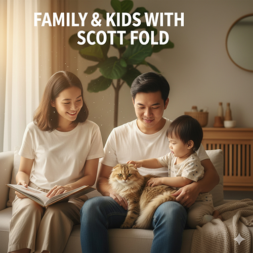 Gia đình gồm bố mẹ và bé nhỏ cùng chơi với mèo tai cụp Scottish Fold trên ghế sofa trong phòng sáng ấm, không khí thân mật và yên bình.