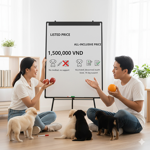 Cặp đôi trẻ đang so sánh hai quả táo và cam trước bảng ghi “listed price” và “all-inclusive price” cùng bốn chú chó con, minh họa sự khác biệt giữa giá khơi và giá trọn gói.