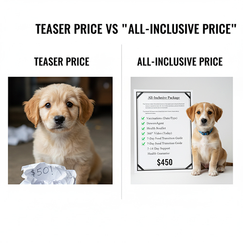 So sánh giữa “giá khơi” chỉ để thu hút khách và “giá trọn gói” đã bao gồm tiêm chủng, tẩy giun, sổ y tế và hỗ trợ chăm sóc chó cỏ con.