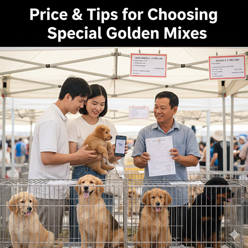 Cặp đôi trẻ đang bế chó con Golden lai tại khu vực bán thú cưng, bên dưới là dãy chuồng Golden lai và Rott lai Golden minh họa bài viết về giá và kinh nghiệm chọn mua các dòng Golden lai đặc biệt