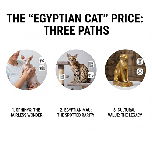 Khái niệm giá mèo Ai Cập với ba hướng gồm Sphynx không lông, Egyptian Mau hiếm và giá trị văn hoá biểu tượng