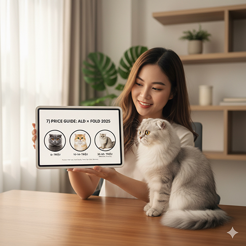 Cô gái cầm máy tính bảng hiển thị bảng giá mèo Scottish Fold lai Anh lông dài năm 2025, bên cạnh là mèo màu silver ngồi trên bàn.