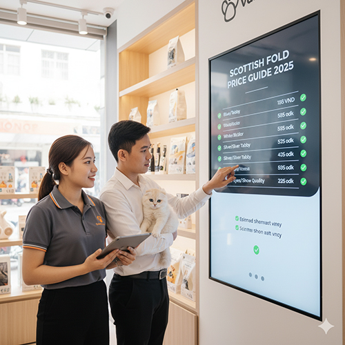 Nhân viên tư vấn giá mèo Anh lông ngắn tai cụp cho khách tại cửa hàng thú cưng