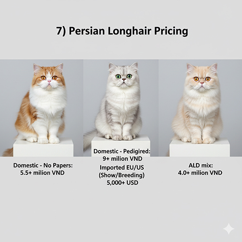 Ba mèo Ba Tư lông dài với các mức giá tham khảo khác nhau, gồm nội địa không giấy, có giấy và ALD mix