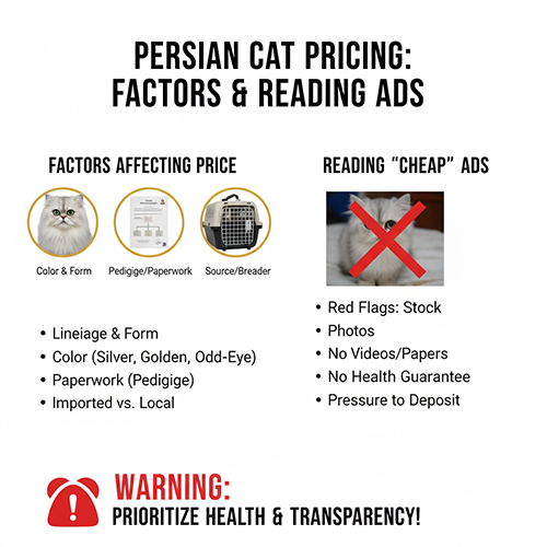 Bảng minh họa các yếu tố ảnh hưởng giá mèo Ba Tư và dấu hiệu nhận biết tin rao “giá rẻ” thiếu minh bạch