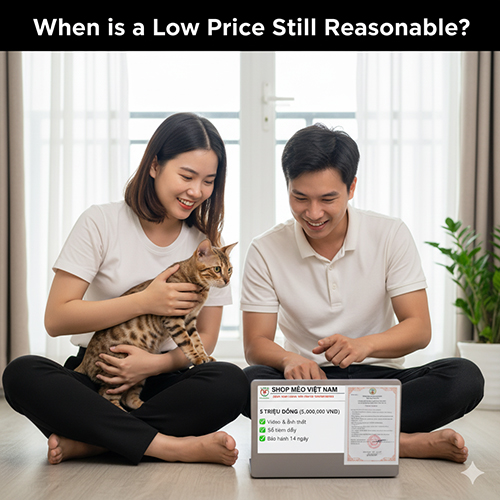 Cặp đôi vui vẻ xem thông tin giá mèo Bengal hợp lý trên laptop khi đang ngồi cùng mèo Bengal trong nhà