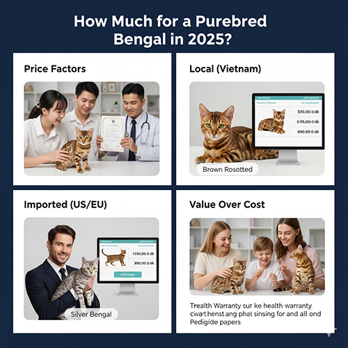 Bác sĩ thú y và chủ nuôi đang xem bảng giá mèo Bengal thuần chủng năm 2025 với các mức giá theo màu và nguồn gốc