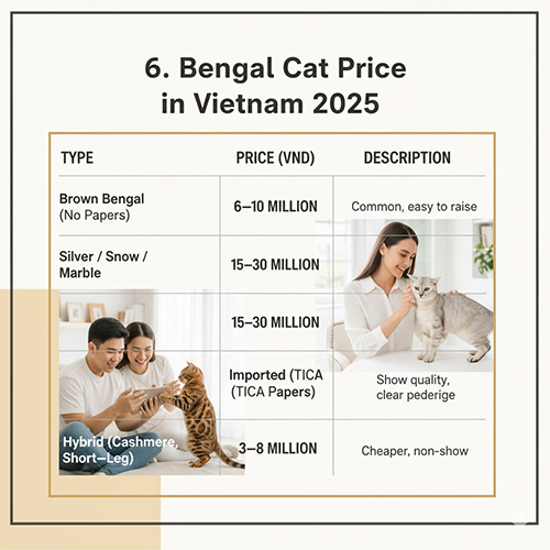 Bảng giá mèo Bengal tại Việt Nam 2025 với các mức theo màu sắc và nguồn gốc.