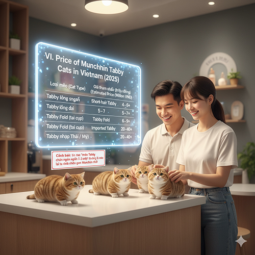 Cặp đôi trẻ đang xem bảng giá mèo Munchkin Tabby trong cửa hàng thú cưng, trước mặt là bốn bé mèo Tabby đáng yêu nhiều màu sắc