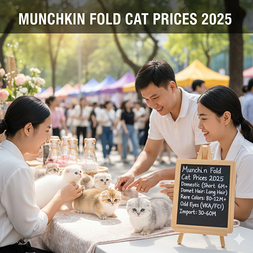 Bảng giá mèo Munchkin Fold 2025: lông ngắn 6+ triệu, lông dài 7+ triệu, màu hiếm 8–12+ triệu, mắt 2 màu 10–15+ triệu, nhập 30–60+ triệu