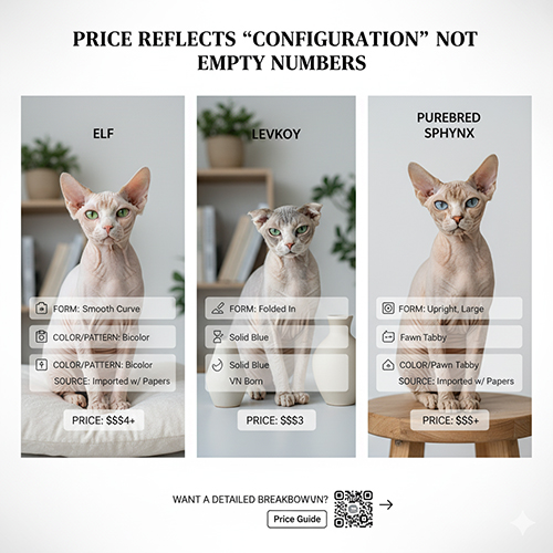 So sánh Elf, Levkoy và Sphynx thuần cùng các yếu tố ảnh hưởng giá như form tai, màu và nguồn.