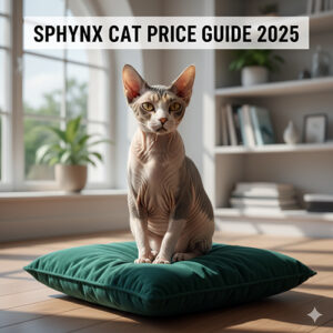 Ảnh mèo Không lông Sphynx ngồi trên gối trong phòng sáng – minh họa bài viết giá mèo Không lông