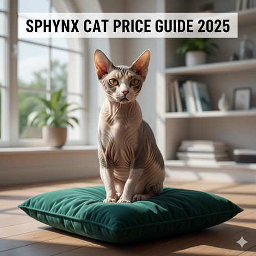 Ảnh mèo Không lông Sphynx ngồi trên gối trong phòng sáng – minh họa bài viết giá mèo Không lông