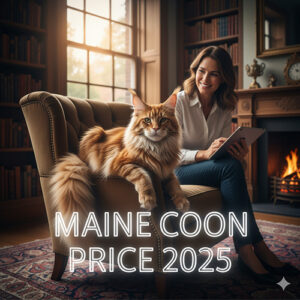 Giá mèo Maine Coon năm 2025 trong không gian phòng khách ấm, mèo lớn ngồi trên ghế cạnh người phụ nữ
