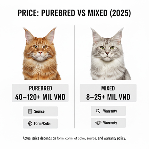 Hai mèo Maine Coon thuần chủng và lai đứng cạnh nhau với bảng giá minh họa mức giá