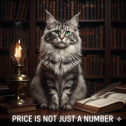 Mèo Maine Coon xám vằn ngồi trên bàn sách với đèn dầu và bút lông, minh họa ý nghĩa “giá mèo Maine Coon không chỉ là con số”