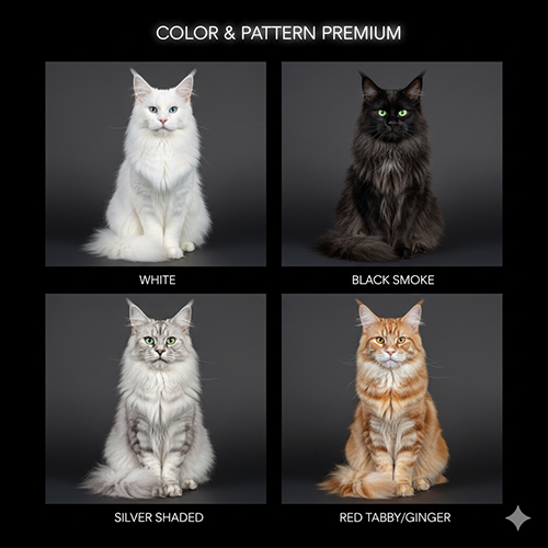 Mèo Maine Coon các màu premium gồm trắng, black smoke, silver shaded và red tabby chụp trên nền tối