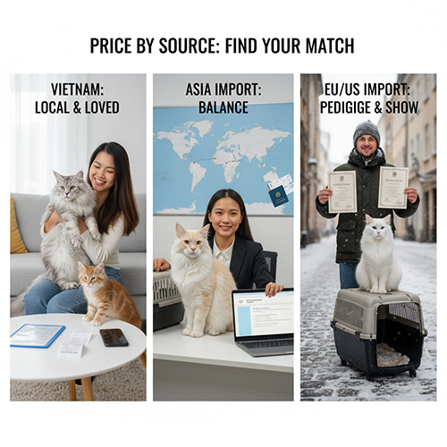 So sánh giá mèo Maine Coon theo nguồn Việt Nam, nhập châu Á và nhập Âu Mỹ với hình ảnh minh họa thực tế