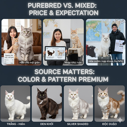 So sánh mèo Maine Coon thuần chủng và lai qua hình ảnh thực tế và các màu sắc hiếm như trắng, đen khói, silver shaded, độc đáo